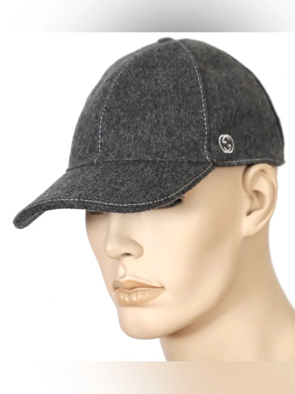 Gucci Dark Grey Wool Baseball Cap with Embroidered Interlocking GG embroidey L